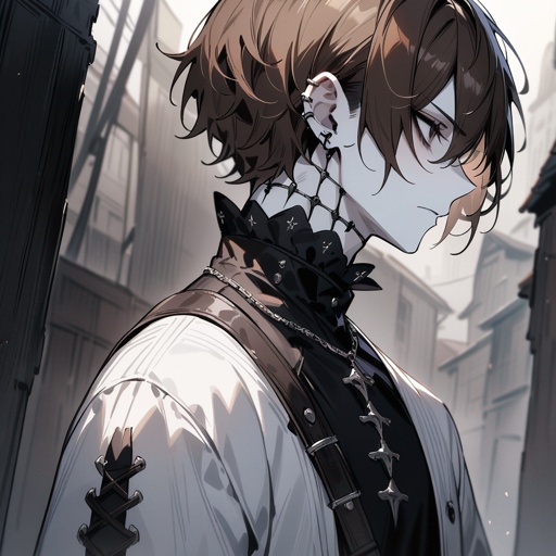 White skin, black eyes, brown hair, male, gothic, male edgy, front profile