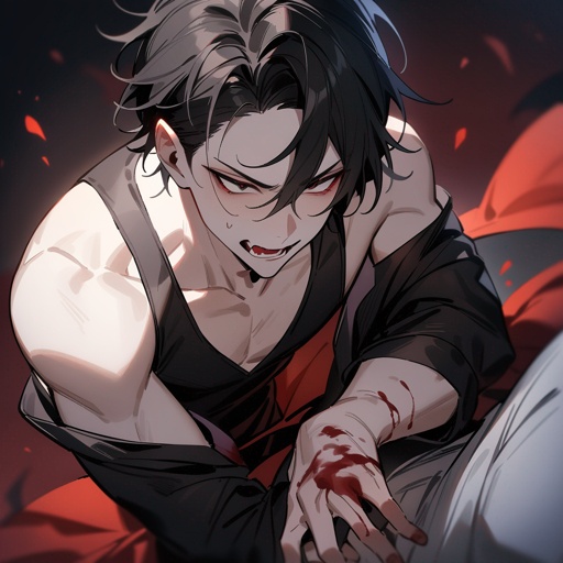 Pale, teen, male, masculine, vampire, black-hair, dark-eyes, blood