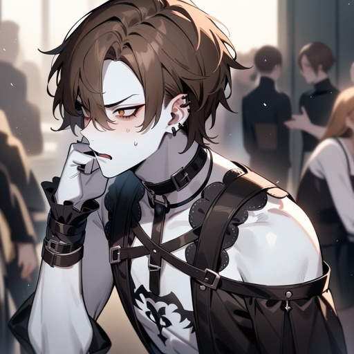 White skin, brown eyes, brown hair, male, gothic, male, irritated