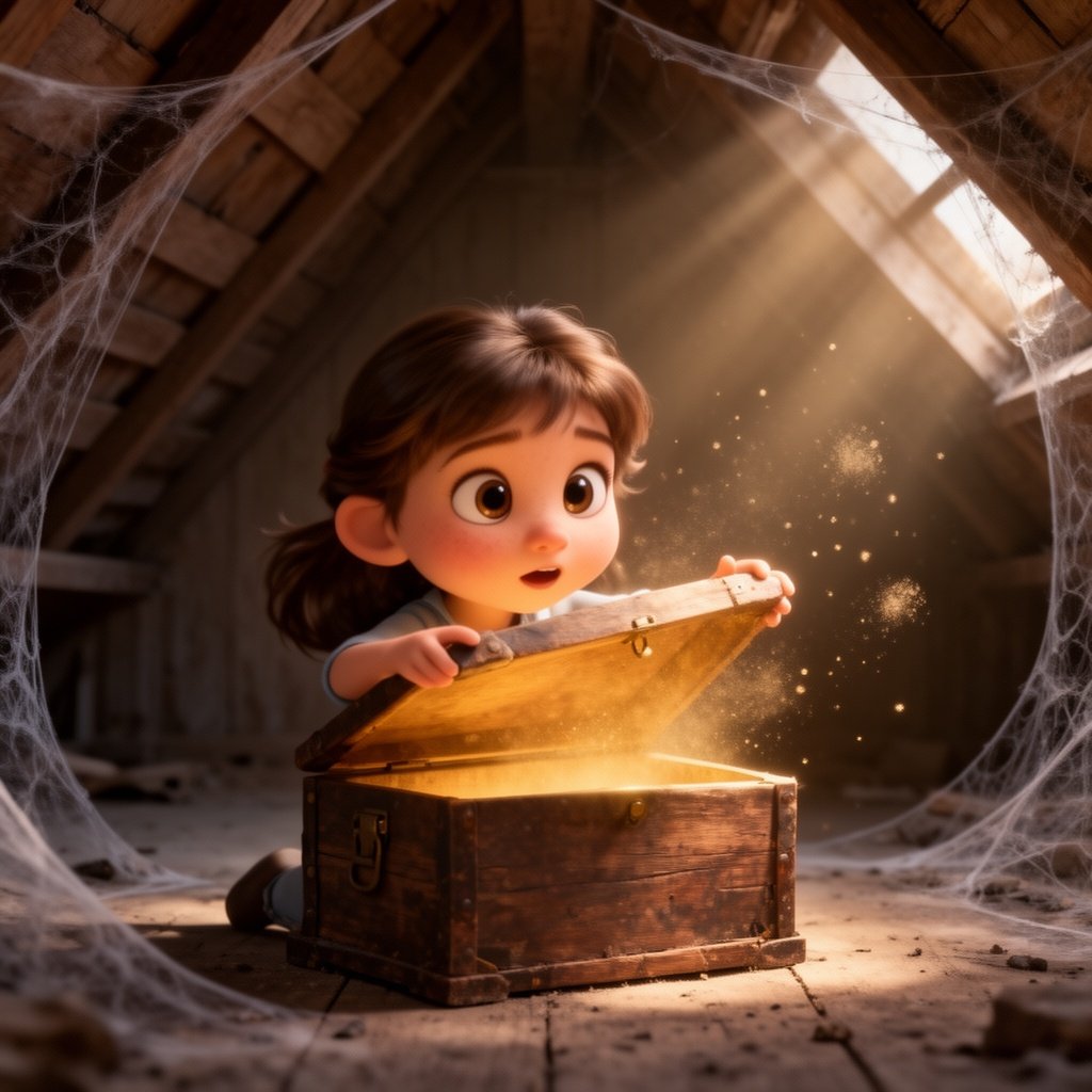 3D Pixar style young girl with big expressive eyes opening an old wooden box in a dusty attic, warm golden light glowing from inside the box, cobwebs, soft light rays, floating dust particles, cinematic lighting
