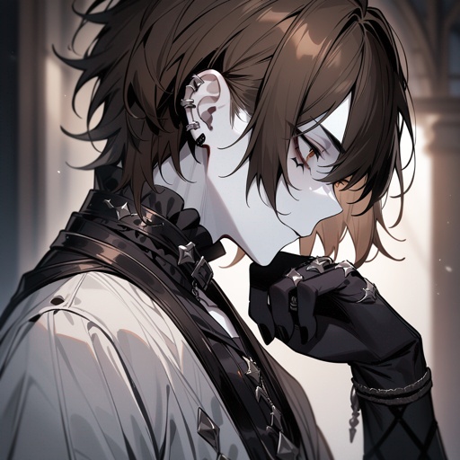 White skin, brown eyes, brown hair, male, gothic, male edgy, front profile