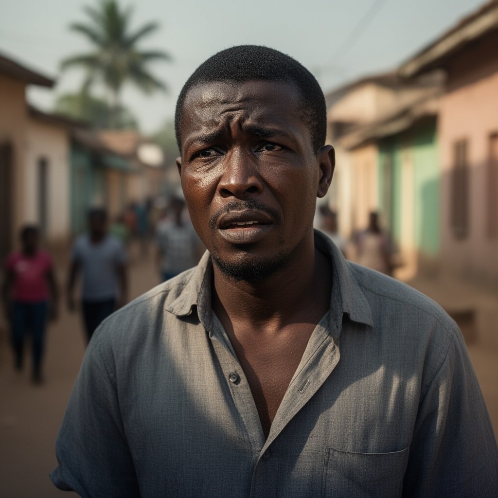 African man standing in a familiar neighborhood, looking uncomfortable and emotional, blurred people in background, cinematic lighting