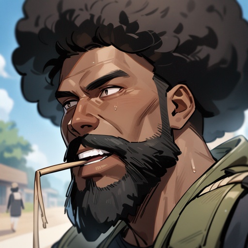 a black man with full beard, afro hairstyle, wearing survival gear, with a wheatstraw in his mouth, make him loo like a real person.