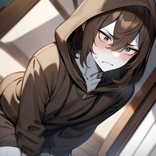 White skin, brown eyes, brown hair, male, dark hoody, irritated