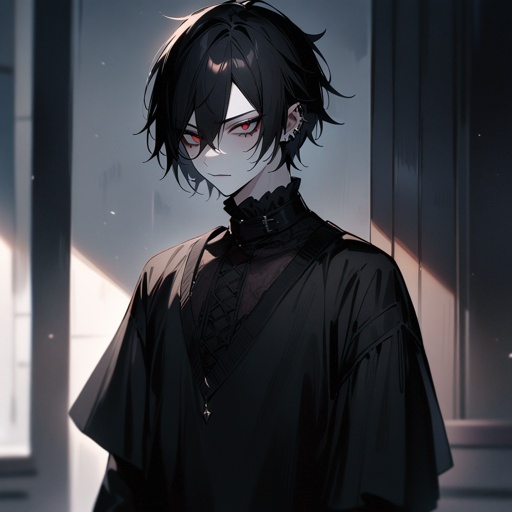 Pale, male, vampire, teen, shoulder-length-black-hair, emo, masculine,