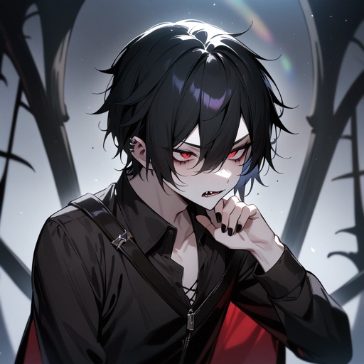 Pale, male, vampire, teen, shoulder-length-black-hair, emo