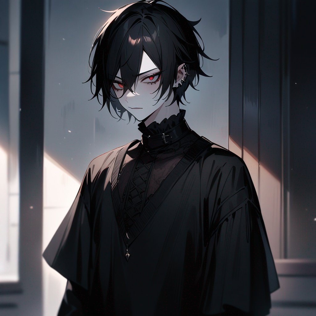 Pale, male, vampire, teen, shoulder-length-black-hair, emo, masculine,