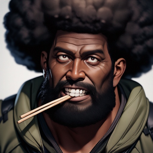 a black man with full beard, afro hairstyle, wearing survival gear, with a wheatstraw in his mouth, make him look like a real person. no cartoon looking images