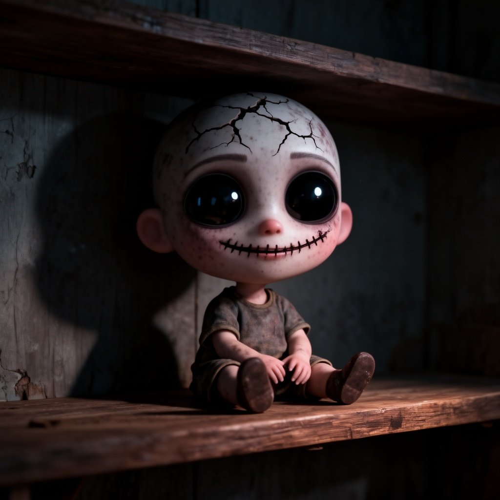 3D Pixar style creepy doll sitting alone on a shelf in a dark room, half-lit face, big glossy eyes, stitched smile slightly unsettling, cinematic lighting, deep shadows, eerie atmosphere, depth of field, ultra detailed