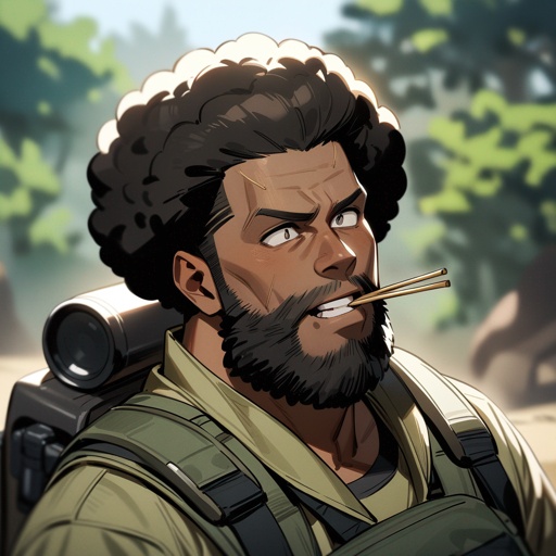 a black man with full beard, afro hairstyle, wearing survival gear, with a wheatstraw in his mouth