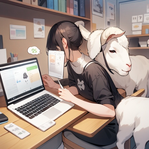 smart, cute goat (animal) working, some illustrations related to work in the background
(laptop, thought cloud, numbers, etc.)