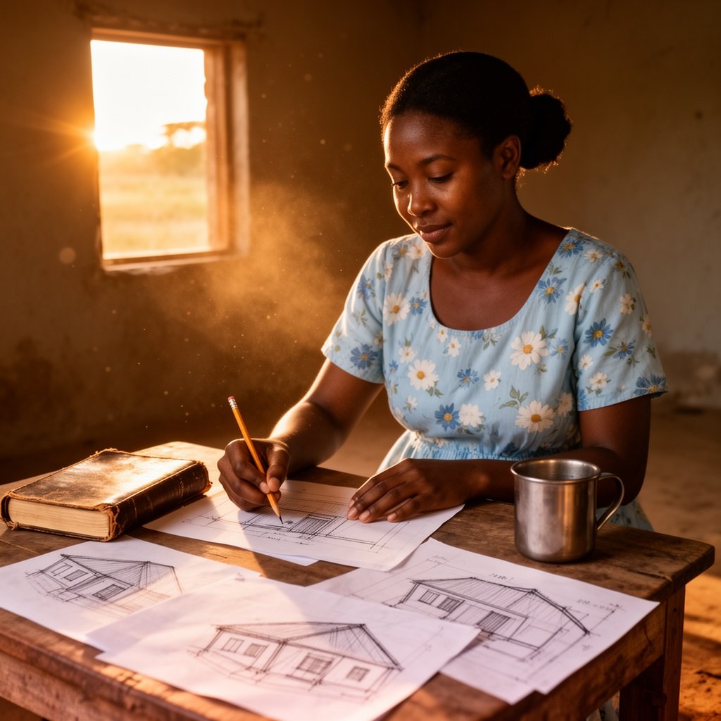 Inside a modest rural home at sunrise, warm golden sunlight pouring through a small window, Miriam (mid-30s African woman, smooth dark skin, gentle expressive eyes, natural hair tied in a low bun, wearing a simple light blue floral dress) sits at a wooden table carefully sketching building plans on paper. Several rough pencil drawings of a small learning center are spread out in front of her. A worn Bible and a metal cup rest on the table. Soft dust particles in the sunlight, warm cinematic lighting, shallow depth of field, emotional and hopeful mood, ultra-realistic, 4k detail, consistent face design.