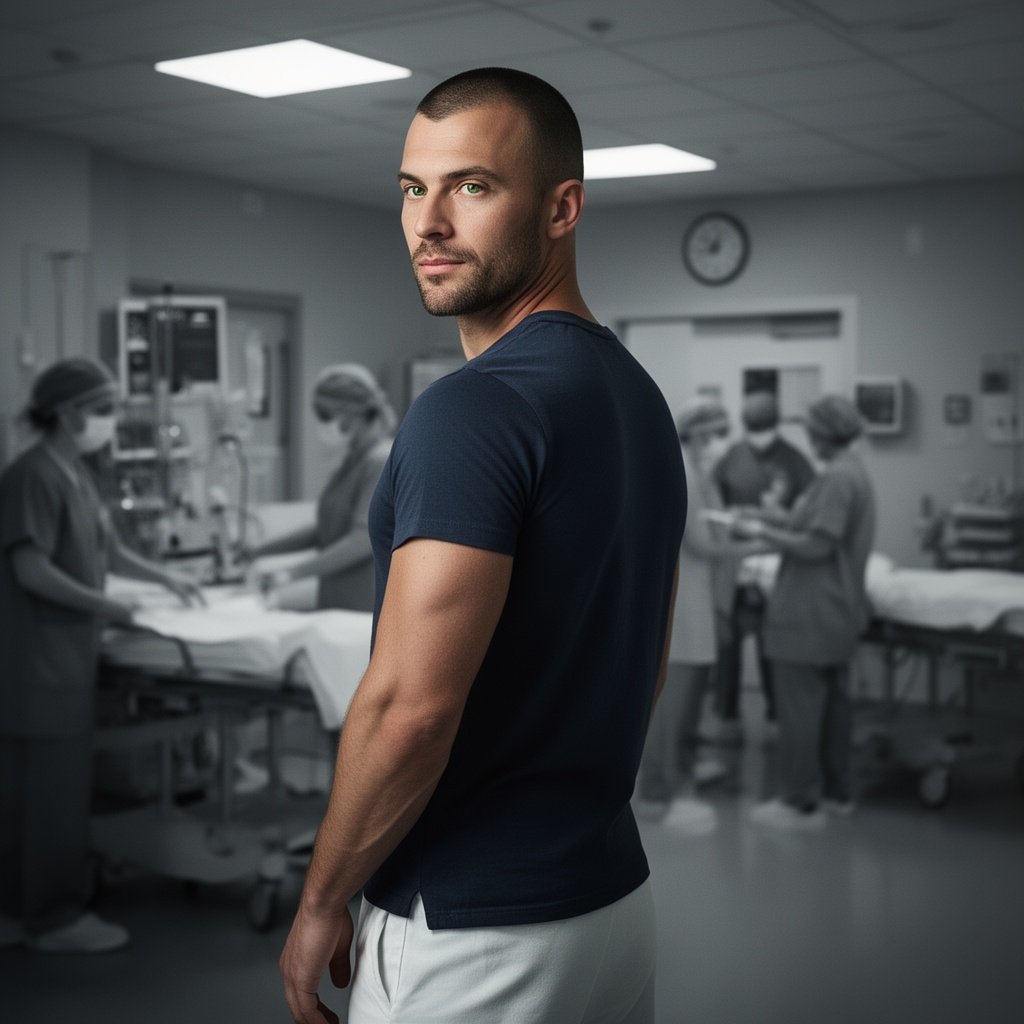 Make a picture of An athletic white man with Italian and Polish heritage, short-cropped dark brown-green eyes, shaved head, distinct eyebrows, 36 years old, a little facial hair and a very good physique. Outfit: dark blue upper garment and white trousers. Realistic hospital emergency department setting: grayscale color palette, clinical lighting with cool tones, medical monitors and carts in the background with hospital staff moving about. Lighting: key light from the upper left, rim light to separate subject from background, fill light to soften shadows; overall cool, high-contrast, photorealistic look. Camera angle: three-quarter view from the subject's left, mid-shot, suggesting motion or poised readiness. Background: nurses and doctors engaged in patient care, slightly blurred.