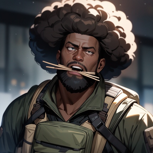 a black man with full beard, afro hairstyle, wearing survival gear, with a wheatstraw in his mouth, make him look like a real person.