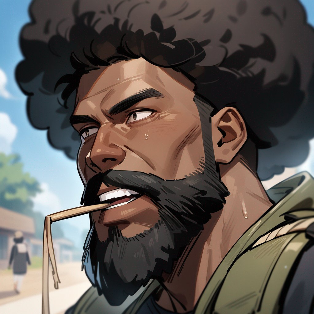 a black man with full beard, afro hairstyle, wearing survival gear, with a wheatstraw in his mouth, make him loo like a real person.