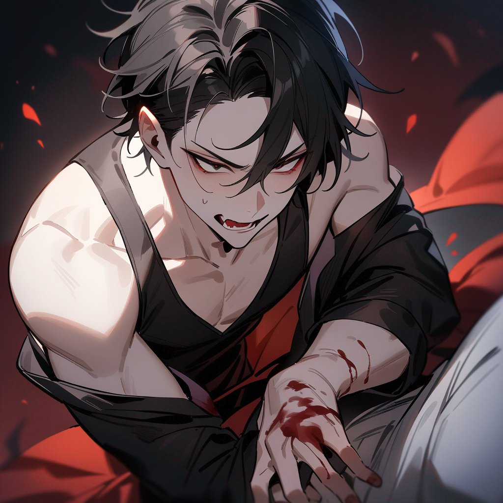 Pale, teen, male, masculine, vampire, black-hair, dark-eyes, blood